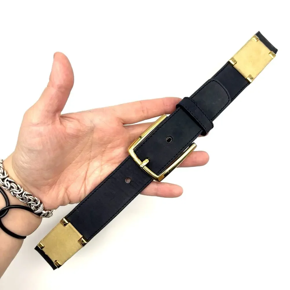1980s Roberto Bellido Navy & Cream Genuine Leather Gold Studs Waist Belt 29-31